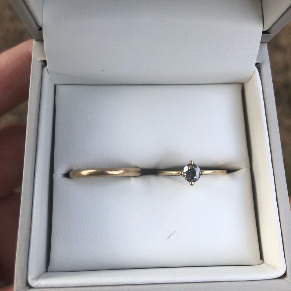 Gold band and salt and pepper diamond ring set
